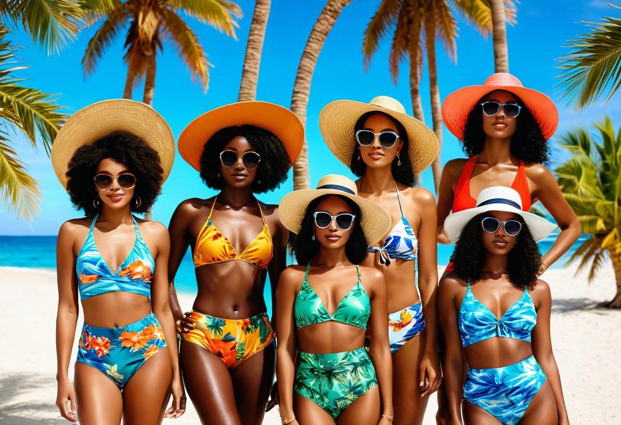 A vibrant beach scene featuring models in trendy swimwear showcasing tropical prints and bold colors. The backdrop includes palm trees, golden sand, and a clear blue sky. Incorporate elements like sun hats, sunglasses, and beach accessories for a lively summer vibe. The models are diverse in ethnicity, reflecting inclusivity. Emphasize bright, bold colors and dynamic poses. vibrant colors. super-realistic. summer-themed.